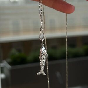 Fish Pendant with Long Box Chain Sterling Silver vintage antique jewelry